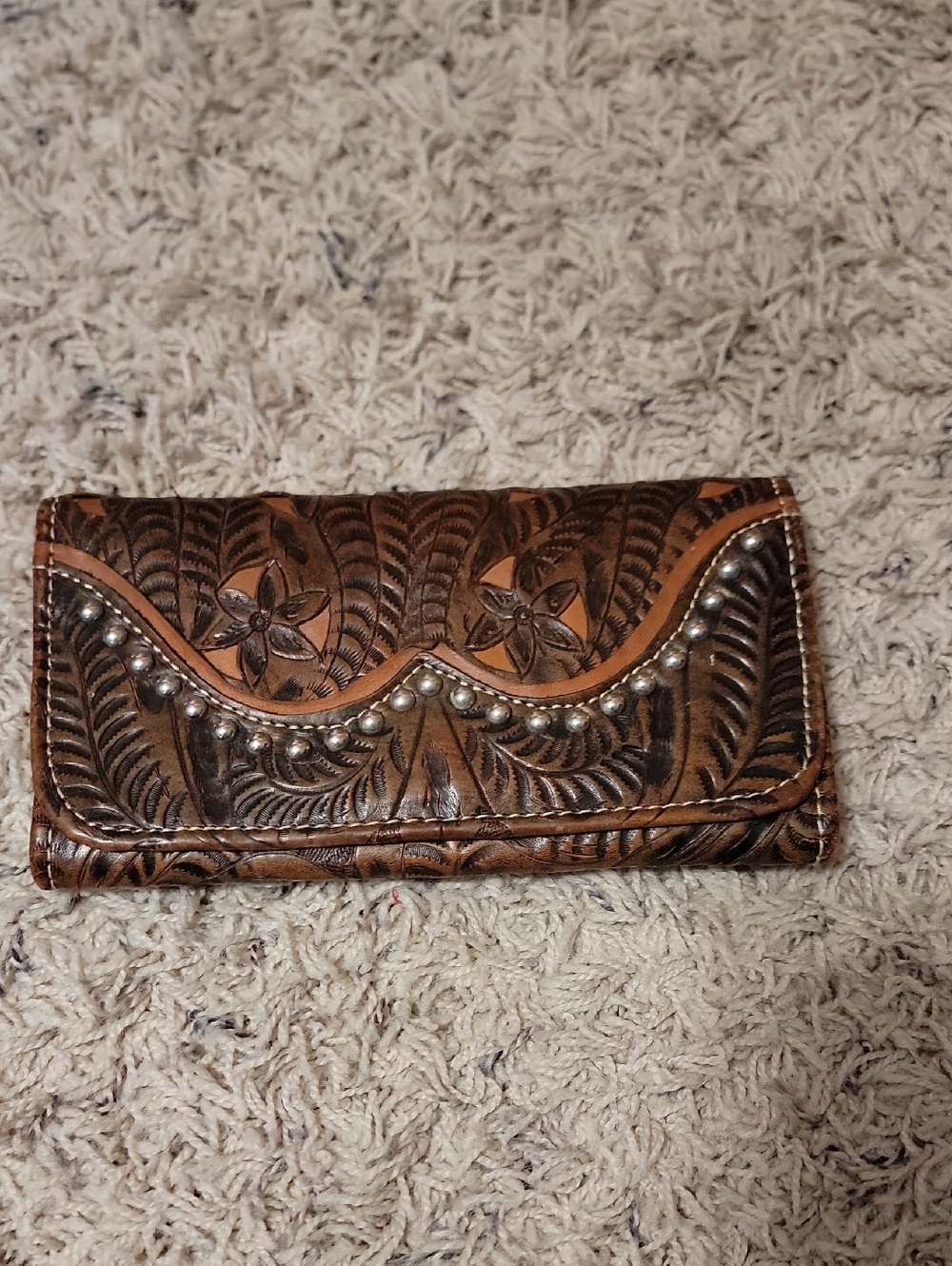 American West Brown Tooled Leather Wallet with Silver Stud Accents
